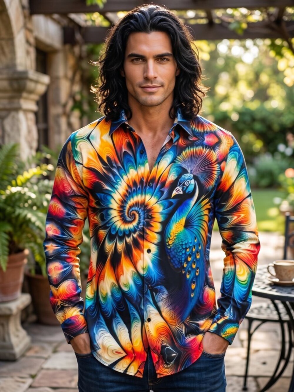 Peacock Psychedelic Mens Cotton Fractal Shirt Button Up Oxford  Large Tie  Dye